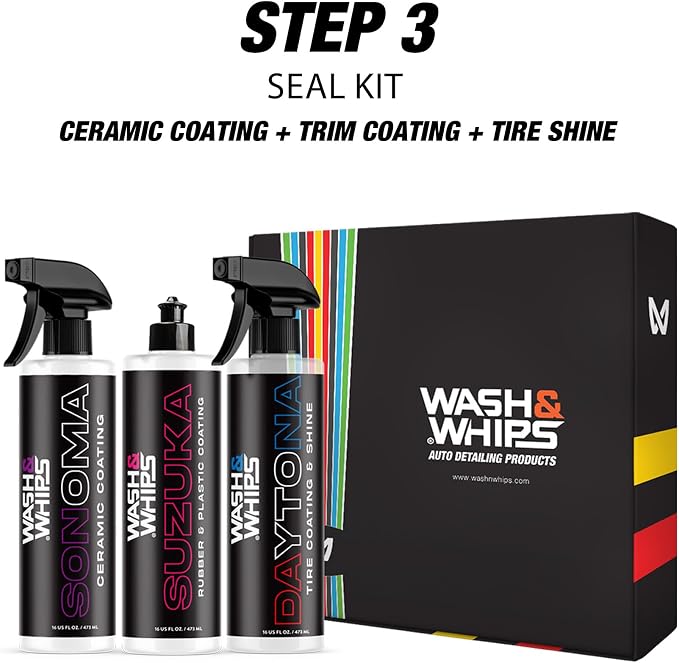 WASH&WHIPS SEAL - Exterior & Car Shine Kit (Step 3) – Sonoma Ceramic Coating Spray, Daytona Tire Shine, Suzuka Rubber & Plastic Coating – Long-Lasting Protection, Hydrophobic, Easy Application