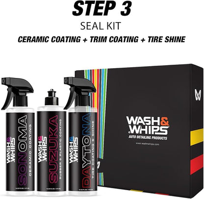 WASH&WHIPS SEAL - Exterior & Car Shine Kit (Step 3) – Sonoma Ceramic Coating Spray, Daytona Tire Shine, Suzuka Rubber & Plastic Coating – Long-Lasting Protection, Hydrophobic, Easy Application