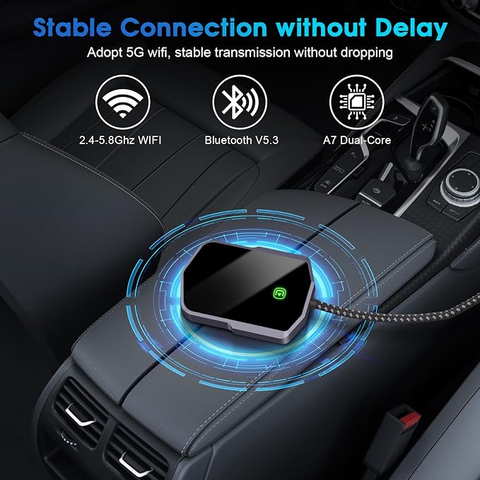 Wireless Carplay Adapter for Apple Converts Wired to Wireless Carplay Dongle Low Latency iPhone Car Play Adapter Plug & Play Mini Car Play Dongle for iOS 10+ Fit for Cars USB A/C (Black Gray)