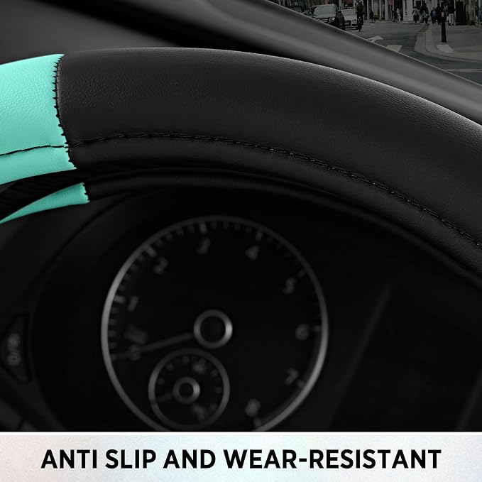 Road Comfort Leather Steering Wheel Cover – Premium Anti-Slip Car Steering Wheel Grip Cover – Universal Fit for 14.5”–15” Cars, Trucks & SUVs - Mint