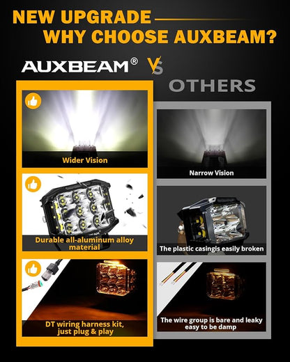 Auxbeam 5 Inch LED Pod Offroad Lights, 168W Super Bright Cube Pods Spot Flood Combo Driving Lights with Side Shooter, V-MAX Series Amber DRL Ditch Work Light with Yellow Cover for Truck Jeep SUV ATV