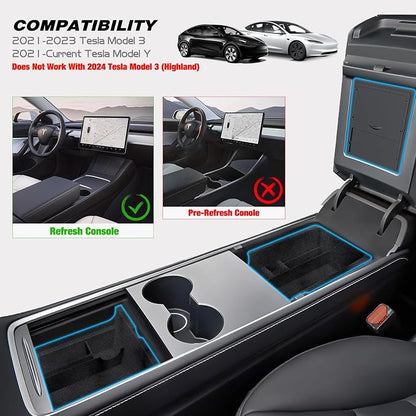 Nilight Upgraded Accessories Compatible for Tesla Model 3 2021-2023 Model Y 2021-2024, Center Armrest Console Organizer Tray and Hidden Storage Box, 3-Pack