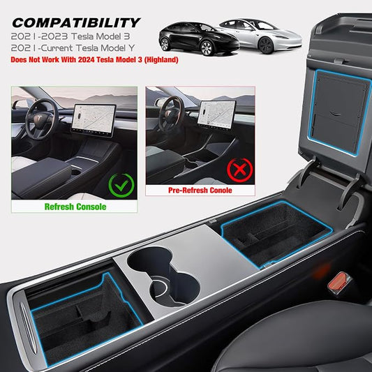 Nilight Upgraded Accessories Compatible for Tesla Model 3 2021-2023 Model Y 2021-2024, Center Armrest Console Organizer Tray and Hidden Storage Box, 3-Pack