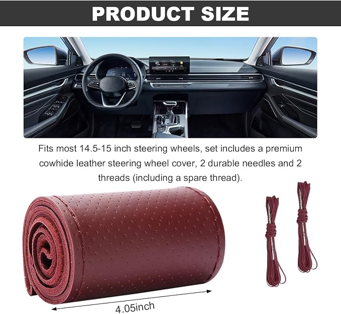 Wevdn Genuine Leather Steering Wheel Cover, Stitch on Wrap, DIY Sewing Steering Wheel Protector, 15 Inch Breathable Non-Slip Steering Wheel Protector, Car Accessories (Wine Red, Full Hole)