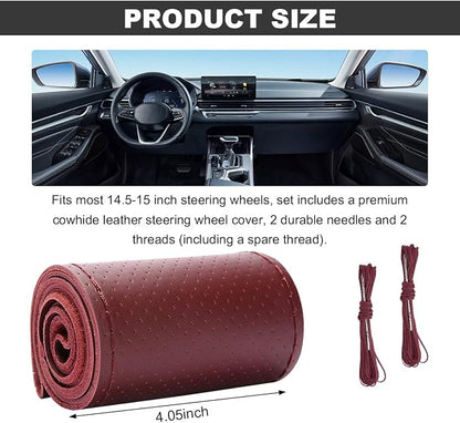 Wevdn Genuine Leather Steering Wheel Cover, Stitch on Wrap, DIY Sewing Steering Wheel Protector, 15 Inch Breathable Non-Slip Steering Wheel Protector, Car Accessories (Wine Red, Full Hole)