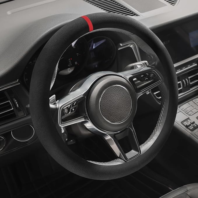 Suede Steering Wheel Cover with Upgraded Silicone Inner Ring, Breathable, Anti-Slip, Leather Universal 14.5 to 15 Inch Steering Wheel Cover (Black with Red Mark)