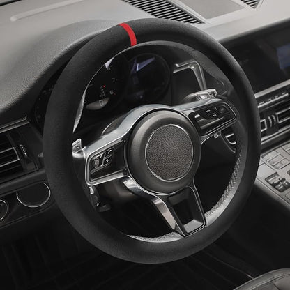 Suede Steering Wheel Cover with Upgraded Silicone Inner Ring, Breathable, Anti-Slip, Leather Universal 14.5 to 15 Inch Steering Wheel Cover (Black with Red Mark)