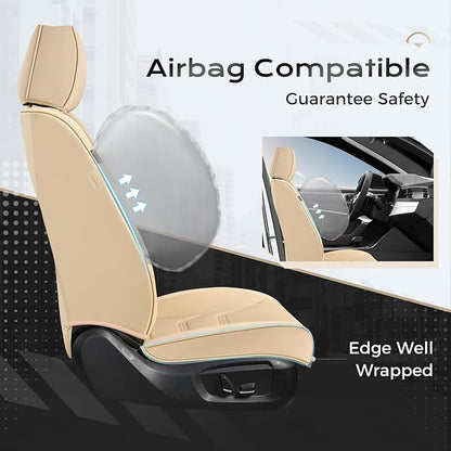 Coverado Car Seat Covers Full Sets, 5 Piece Car Seat Protector Waterproof Leather Seat Cushion Universal Fit for Truck Automotive Vehicles Beige