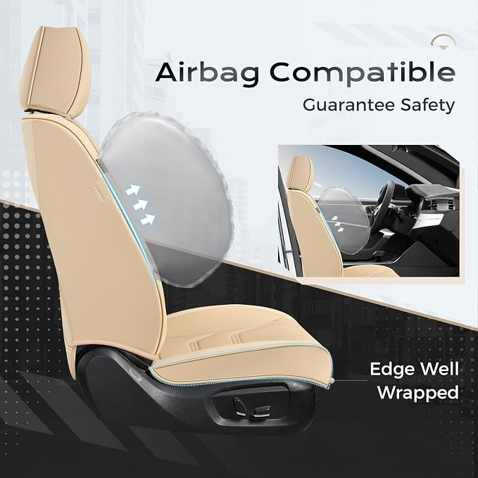 Coverado Car Seat Covers Front Seats, 2 Piece Car Seat Protector Waterproof Leather Seat Cushion Universal Fit for Truck Automotive Vehicles Beige