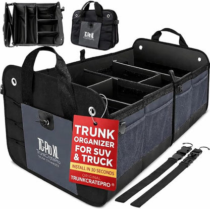 TRUNKCRATEPRO XL Heavy-Duty Trunk Organizer – Reinforced SUV & Truck Cargo Storage with 6 Adjustable Compartments, Non-Slip Base & Securing Straps (Foldable Design, Grey)