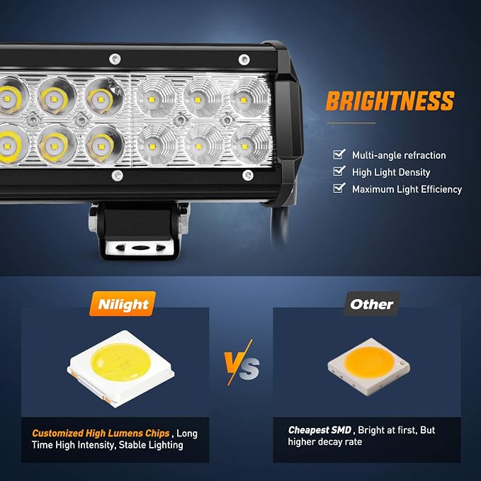 Nilight - ZH084 LED Light Bar 12Inch 72W Spot Flood Combo LED Off Road Lights 12V 5Pin Rocker Switch Wiring Harness Kit- One Lead, 2 Years Warranty