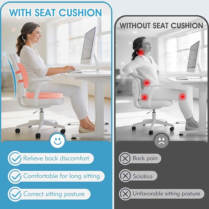 CushZone Ergonomic Seat Cushion & Lumbar Support Pillow - Memory Foam for Sciatica Pain Relief & Posture Correction, Non-Slip Chair Cushions for Office Chair/Car/Wheelchair/Travel, Pink X-Large