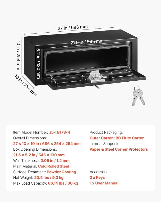 VEVOR Underbody Truck Tool Box, 27 x 10 x 10 Inch Heavy Duty Steel Trailer Storage Box with Lock & Keys, Waterproof Trailer Storage Organizer Under Body Chest with T-Handle for Truck, Van, SUV, Black