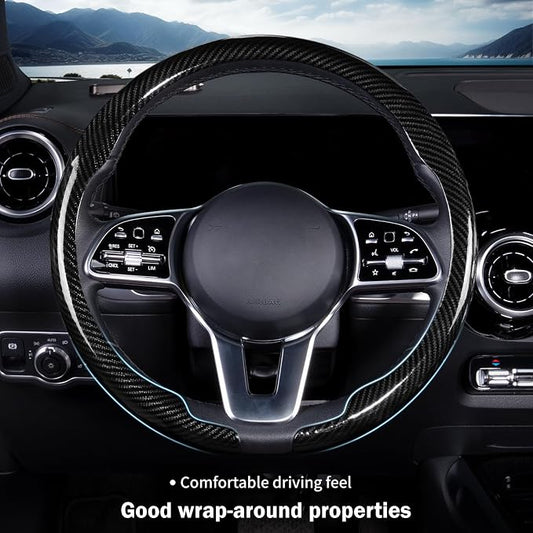 Car Steering Wheel Cover Carbon Fiber Snap On Steering Wheel Accessories Wrap 14.5-15 inch Universal Grip Anti-Skid Protector, Glossy Black