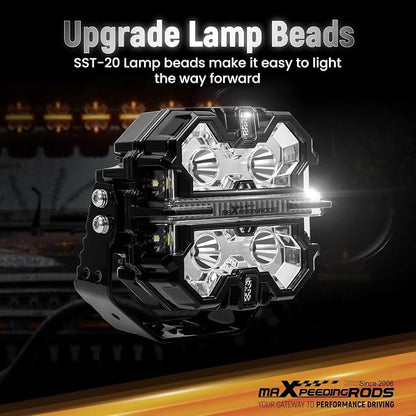 maXpeedingrods 5" 178W LED Off Road Lights, 21360LM Bright Pod Lights with Amber/White DRL 3 Modes, 270°Side Shooter for Wrangler Trucks Jeep Pickup ATV Motorcycles,Cube Ditch Light with Black Covers