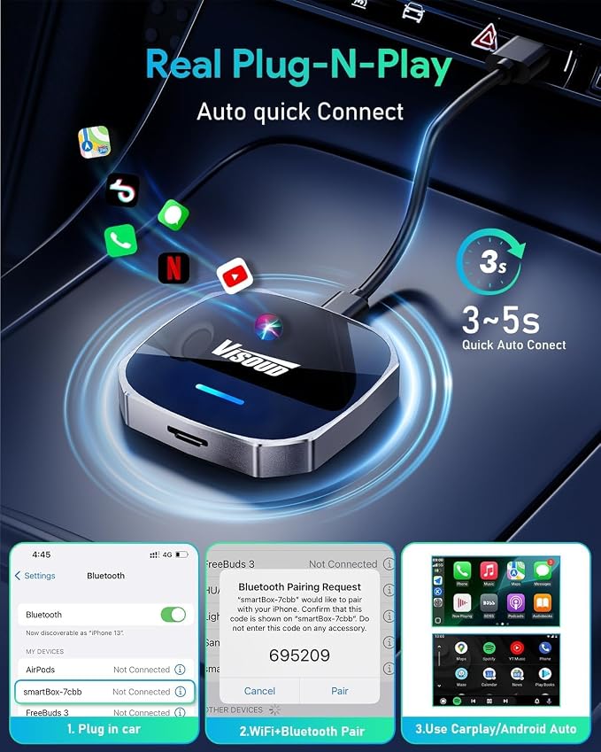 Wired to Wireless CarPlay Converter, 5.8GHz Smooth WiFi, 3s Auto Connect, iOS 10+ & Android 11+