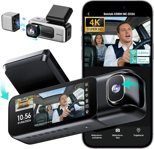 BOTSLAB 4K Dash Cam Front and Inside[2026 Upgraded],5.8G WiFi Dual Dash Camera for Car,HDR IR Night Vision,3.18”Touch Screen,GPS,G-Sensor,24/7 Parking Mode,Voice Control,Rideshare Uber Lyft(No SDcard)