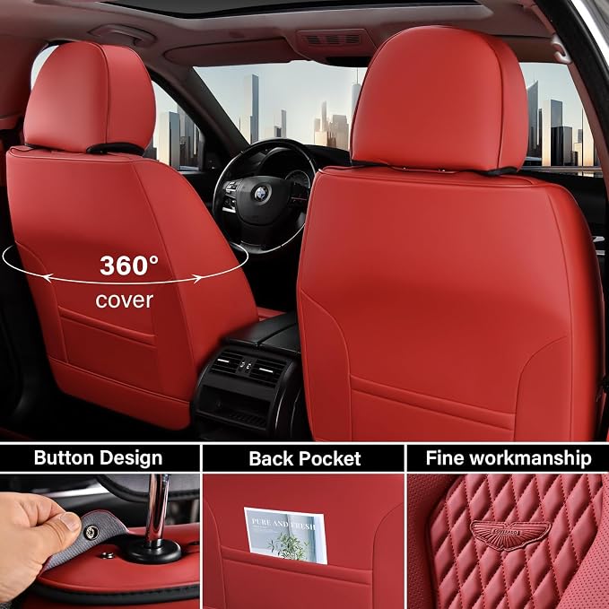 Coverado Car Seat Covers Full Set, Seat Covers, Car Seat Cover, Car Seat Covers Front Seats Back Seat Cover, Waterproof Car Seat Cushion, Leather Red Seat Covers Seat Protector Universal Fit Most Cars