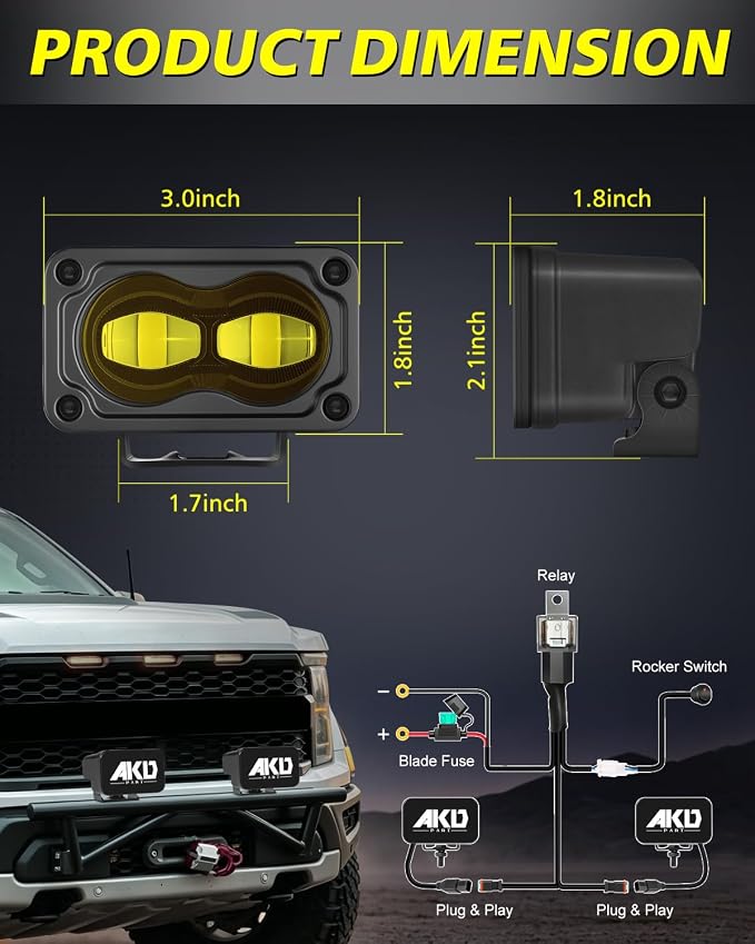 3 Inch SAE Yellow LED Fog Lights w/Wiring Harness & Black Covers | Street Legal SAE Fog Beam, High Intensity CREE LEDs, Free Wiring kit & Black Covers