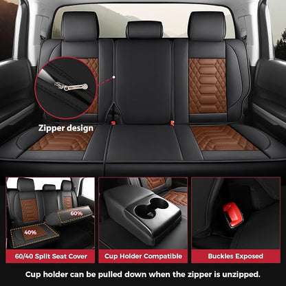 FREESOO Tundra Seat Covers 2014-2021 Full Set, Fit for Toyota Tundra Crewmax Cab, Custom Truck Seat Covers with Waterproof Faux Leather BlackBrown