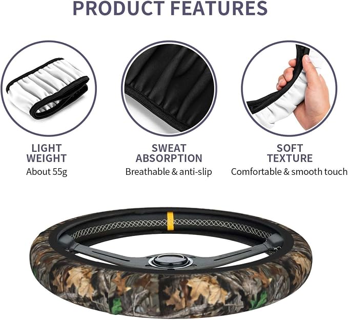 Forest Camo Steering Wheel Cover Camo Leaf Steering Wheel Cover for Men Women Anti-Slip Elastic Breathable Neoprene Steering Wheel Protective Cover 15in Universal Car Accessories for Cars, Auto, SUVs