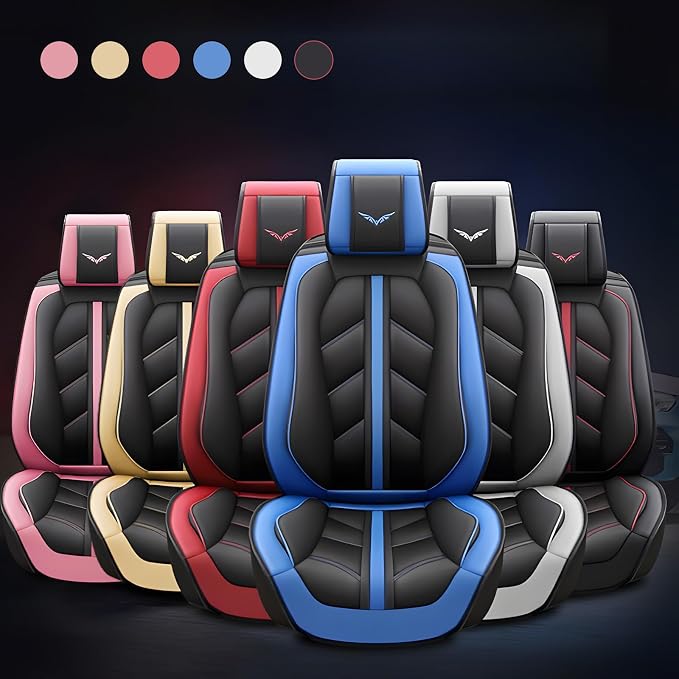otoez Car Seat Covers Full Set, Leather Pink Seat Covers for Cars 5 Seats, Automotive Front and Rear Seat Protectors Universal Fit Most Cars Sedans SUV Pick-up Truck (Pink, with Pillows)