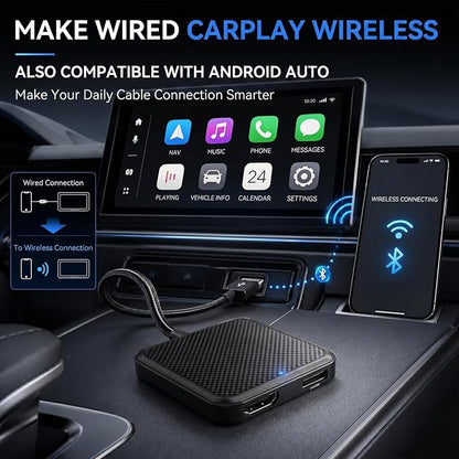 Car TV Adapter with HDMI Input, Wireless CarPlay and Android Auto Dongle for Fire TV Stick, Plug and Play 2K Multimedia Streaming Converter for Factory Wired CarPlay Cars