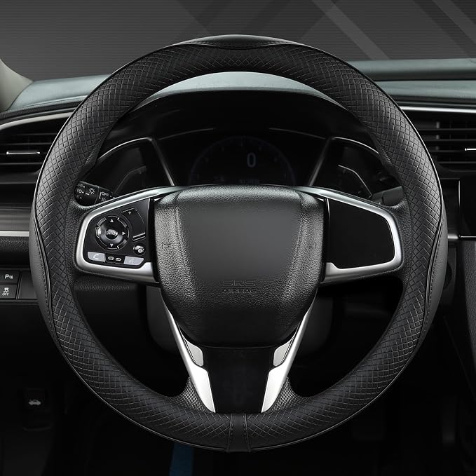 West Llama Microfiber Leather Car Steering Wheel Cover for Honda Accord Civic CR-V HR-V Pilot Fit Passport Odyssey,Sport Style,14.5-15 inch (Black-Standrad Size)