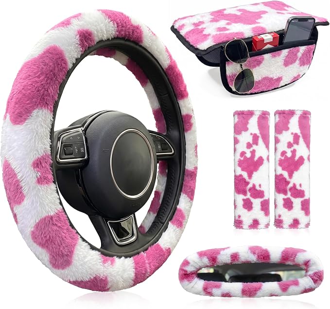 5 Pcs Fuzzy Cow Print Car Accessories Set, Soft Fluffy Plush Steering Wheel Cover, Center Console Armrest Pad & Rearview Mirror Cover - Interior Decorations for Women,Universal Fit (Pink Cow)