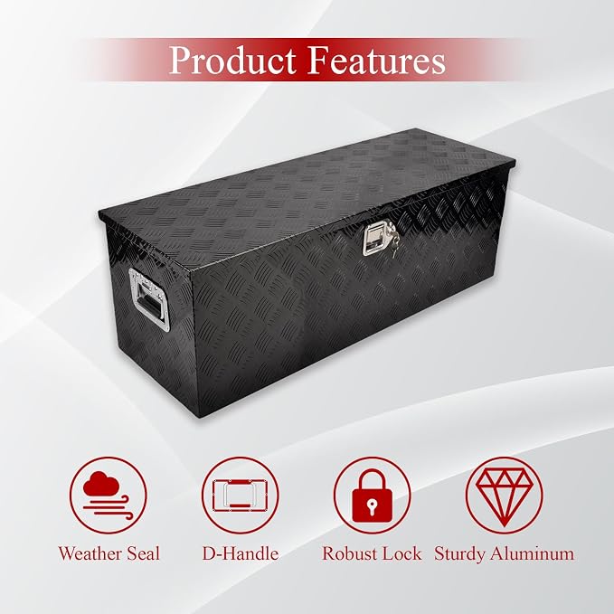 44'' Inch Aluminum Waterproof Storage Box (Truck Tool Box, Square, 15.5'' L x 44.5'' W x 15.6'' H, Black, Lockable, Unisex)