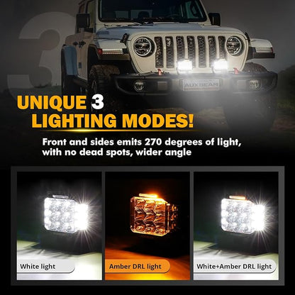 Auxbeam 5" 168W LED Cube Pods Offroad Driving Light with Amber Covers, 16440LM Bright Square Offroad Lights with Side Shooter 270° Combo Beam Ditch Light, DRL for Jeep ATV Wrangler Ford Truck Pickup