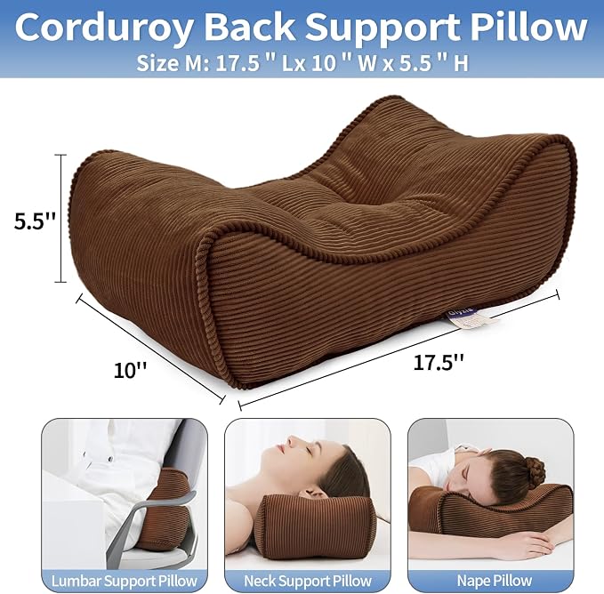 Lumbar Support Pillow for Office Chairs, Bite-Size Natural Latex Foam Back Support Pillow for Lower Back Pain Relief, Soft & Support Corduroy Desk Chair Cushion, M, Brown