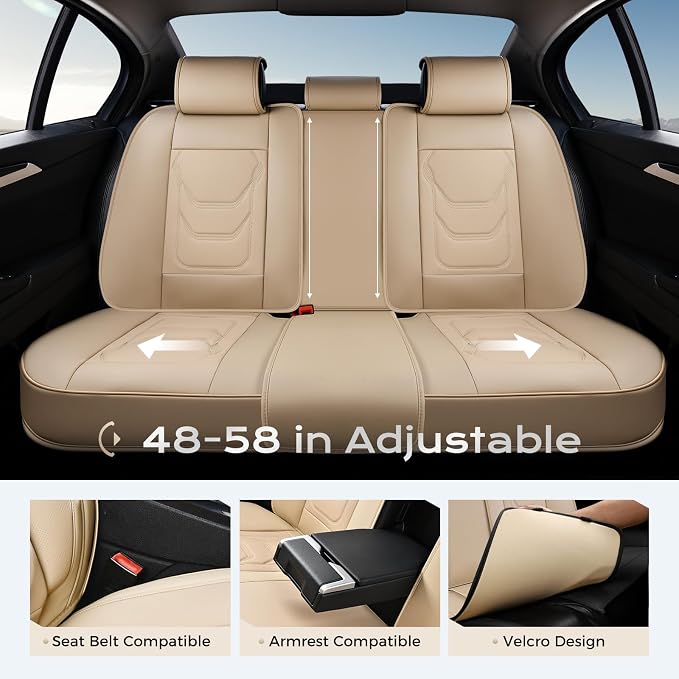 Coverado Car Seat Covers Full Sets, 5 Piece Car Seat Protector Waterproof Leather Seat Cushion Universal Fit for Truck Automotive Vehicles Beige