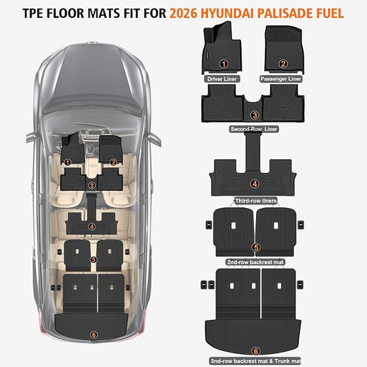 All Weather Car Floor Mats Cargo Liner with Backrest Mat for 2026 Palisade 7 Seater (Only Fit Fuel), TPE Rubber Liners Full Set Automotive Mats for 2026 Palisade Accessories