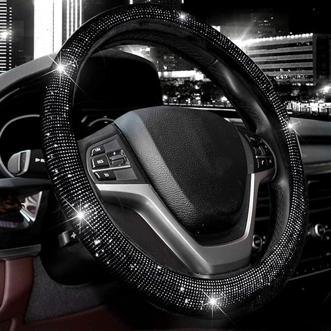 Valleycomfy Steering Wheel Cover for Women Men Bling Bling Crystal Diamond Sparkling Car SUV Wheel Protector Universal Fit 15 Inch (Black with Black Diamond, Standard Size(14" 1/2-15" 1/4))