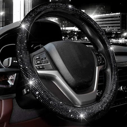 Valleycomfy Steering Wheel Cover for Women Men Bling Bling Crystal Diamond Sparkling Car SUV Wheel Protector Universal Fit 15 Inch (Black with Black Diamond, Standard Size(14" 1/2-15" 1/4))