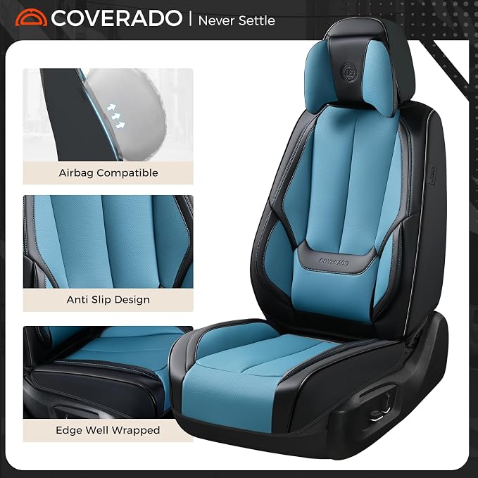 Coverado Seat Covers, Car Seat Covers Front Seats, Car Seat Cover, Car Seat Protector Waterproof, Seat Cushion Nappa Leather with Head Pillow, Carseat Cover Universal Fit for Most Cars (Black&Blue)