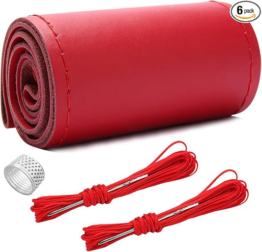 Ziciner Genuine Leather Steering Wheel Cover, Stitch on Wrap, Breathable Anti-Slip Car Steering Wheel Protector for Max Diameter 15 Inch, DIY Sewing with Needles Thread (Red, Glossy)