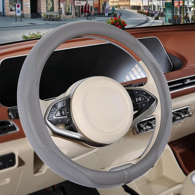 Nappa Leather Steering Wheel Cover, Advanced Microfiber Leather Non-Slip Breathable Fabric, Warm in Winter and Cool in Summer, Gray Large 15.5 inch to 16 inch