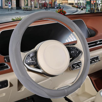 Nappa Leather Steering Wheel Cover, Advanced Microfiber Leather Non-Slip Breathable Fabric, Warm in Winter and Cool in Summer, Gray Large 15.5 inch to 16 inch