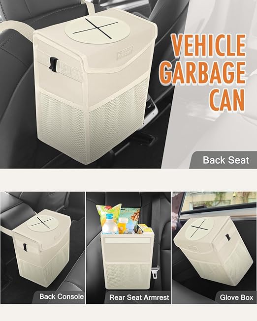 Pritent Car Trash Can with Lid, Cute Leakproof Car Trash Garbage Bag Hanging Vehicle Trash Bin Small Portable Automotive Garbage Cans Organizer for Back/Front Seat/Console(2.8 Gallons,Beige