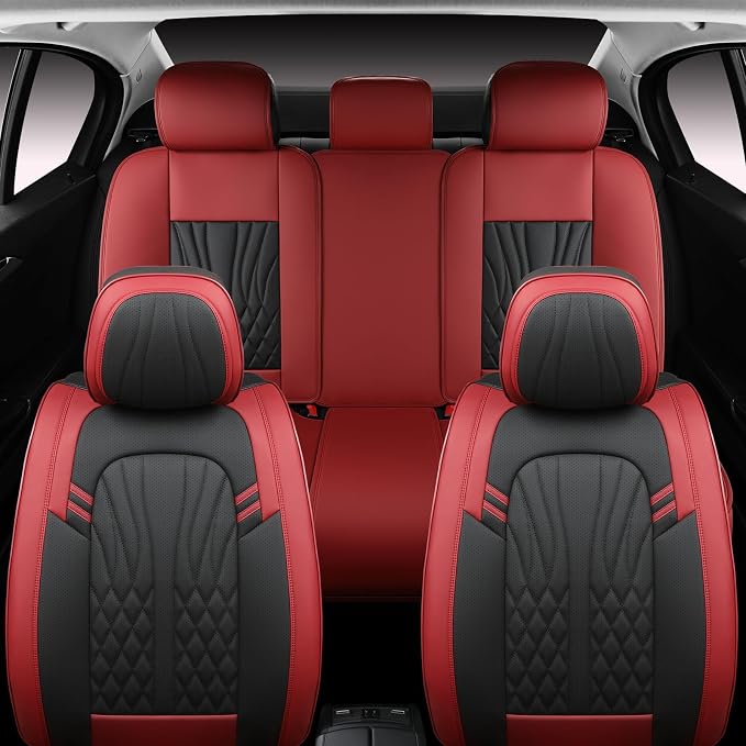 MINGBRON Leather Car Seat Covers,Car Seat Protector Waterproof,Seat Covers Full Set, Car Seat Protectors 5 Seats,Automotive Seat Covers Fit Most Cars Wine Red