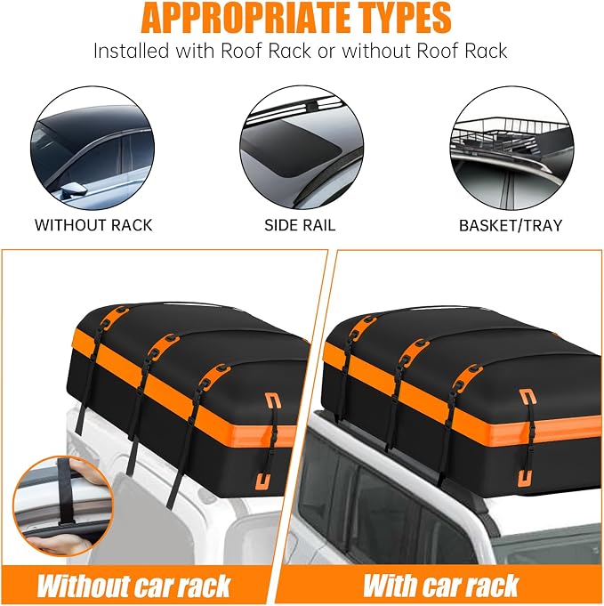 Car Rooftop Cargo Carrier Bag, 30 Cubic Feet Waterproof Soft-Shell Car Roof Bag for All Vehicle with/Without Rack, Include Anti-Slip Mat, Reinforced Straps, Door Hooks Luggage Lock (Orange)