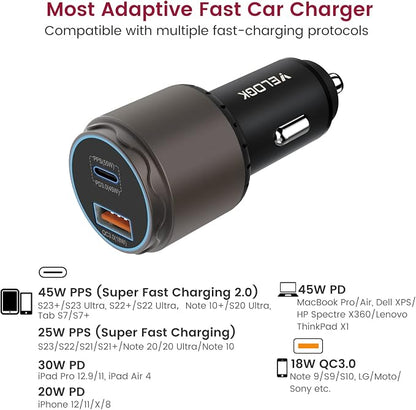VELOGK Super Fast Type C Car Charger [73W Turbo], Fast Adaptive 55W 45W PPS/PD&QC3.0 USB C Car Adapter[Super Fast Charging 2.0]for Samsung S26 Ultra/S25 Ultra/S24 Ultra/S23 Ultra/S22+,iPad Pro,Macbook