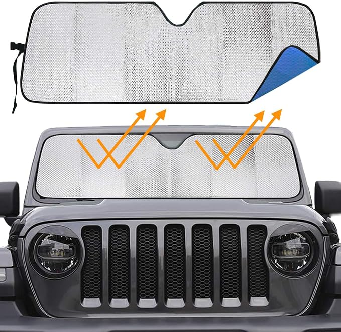 Big Hippo Windshield Sun Shade Car Sun Shade for 2007-2024 Wrangler Rubicon Sahara TJ JK JKU 2 & 4 Door-Sun Visor Protector Blocks UV Rays Windshield Sunshade, Blue