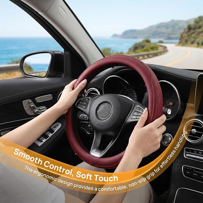 Zpana Car Steering Wheel Cover, 14.5-15" Breathable Soft Leather Vehicle Steering Wheel Protector with Anti-Slip Lining, Comfortable Auto Interior Decoration Accessories, Universal Fit (Red)