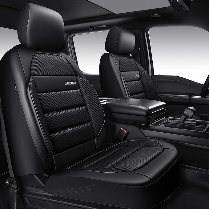 CAR PASS Memory Foam Seat Covers Front, Airy Cool Mesh Thick Car Seat Covers, Leather Car Seat Covers Front Seats Airbag Compatible, Universal Automotive Comfort for Most Cars, Trucks, SUV, Black