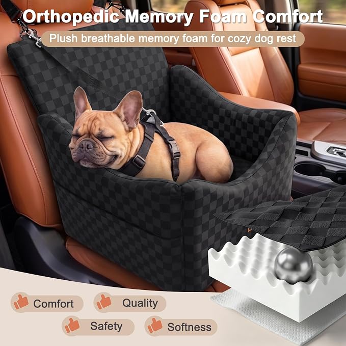 JOEJOY Elevated Dog Car Seat for Small/Medium Dogs up to 35 lbs, Memory Foam Booster Seat with Detachable Washable Cover, Travel-Safe Car Bed with Safety Belts & Storage Pockets, Black