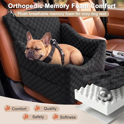 JOEJOY Elevated Dog Car Seat for Small/Medium Dogs up to 35 lbs, Memory Foam Booster Seat with Detachable Washable Cover, Travel-Safe Car Bed with Safety Belts & Storage Pockets, Black