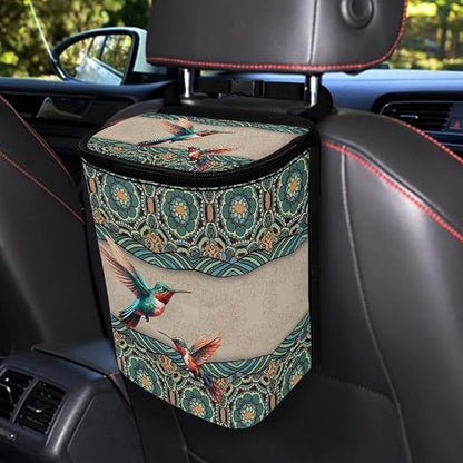 BIGCARJOB Bohemian Style Car Trash Bags for Back Seat,Boho Hummingbird Print Auto Trash Bin Garbage Bags Universal Hanging Trash Can Auto Interior Storage Bags